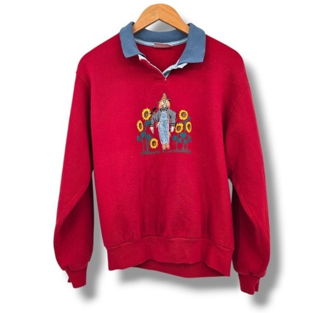 Brindar Women Red Scarecrow Sunflower Collared Sweatshirt‎ Pullover Size Small